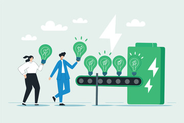 Flat illustration of employees arranging conveyor belt of ESG green bulbs into renewable power system 