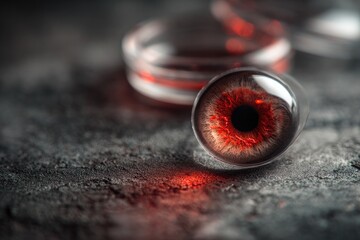 conceptual of irritated red eye next to contact lens case
