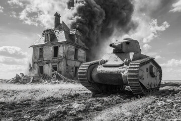Modern French tank fires at ruins of a house in a war affected field