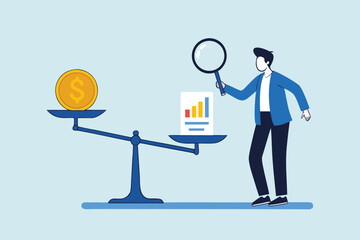  Flat illustration of businessman using magnifier to weigh coin and chart sheet on balance scale for financial analysis and decision making 