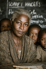 Teacher volunteers in African school with children focused on learning and engagement
