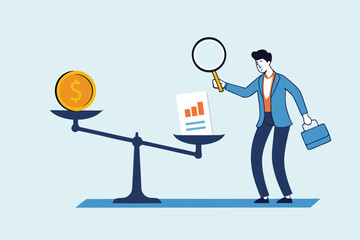  Flat illustration of businessman using magnifier to weigh coin and chart sheet on balance scale for financial analysis and decision making 