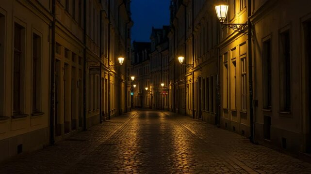 Dark cobblestone street illuminated by vintage lamps at night  