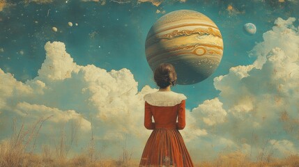 Woman gazes at a large planet in a surreal landscape