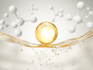 Golden liquid oil bubble with molecule cosmetic background 3d rendering.