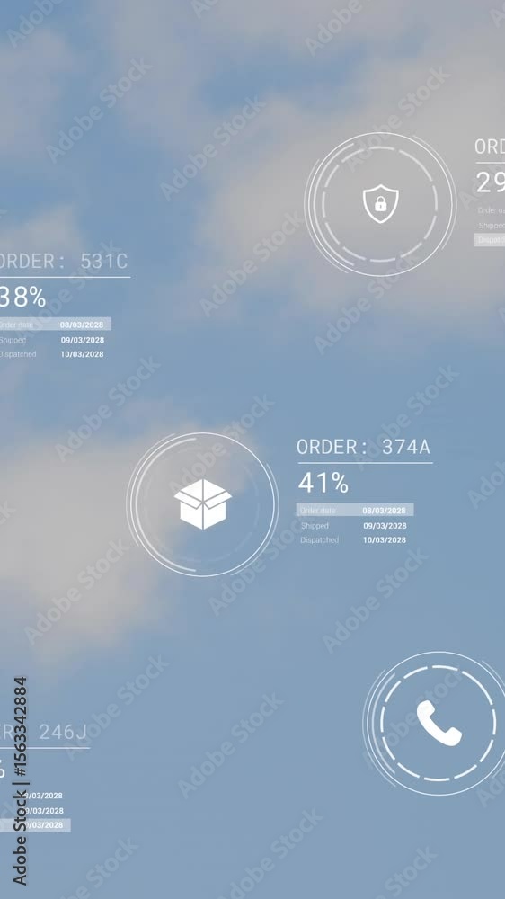 Poster animation of icons with data processing over office buildings