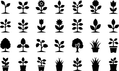 Various plant icons in black silhouette plants seedlings