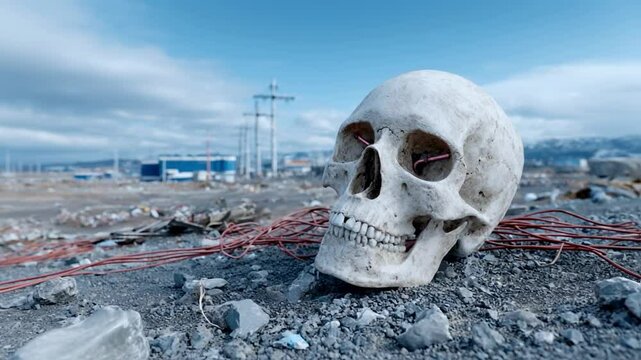 A human skull lies on the ground in a desolate industrial wasteland, a grim symbol of human extinction, a post-apocalyptic future, and the consequences of environmental disaster