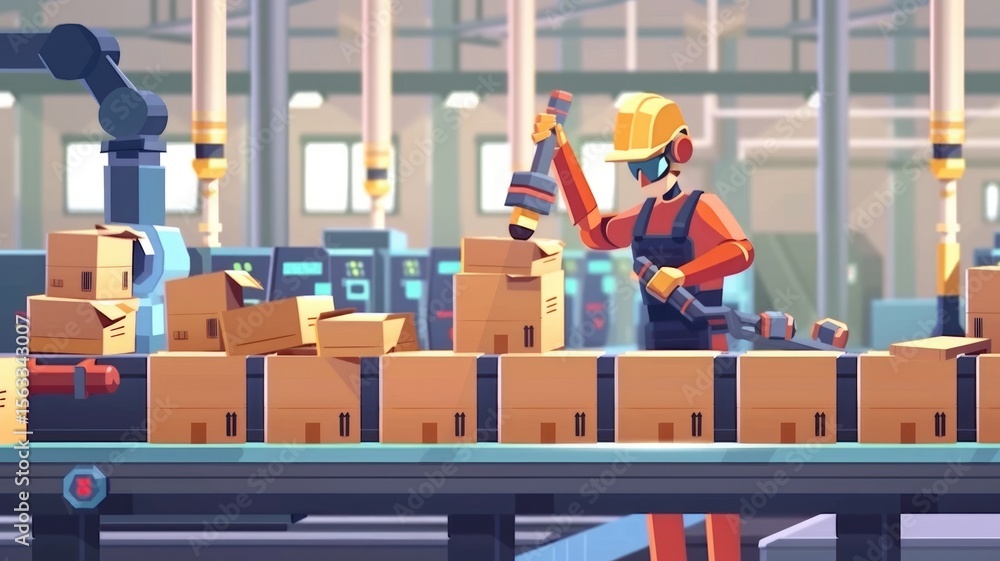 Poster robotic arms packing boxes in a modern factory. automation and industrial efficiency. robotic machin