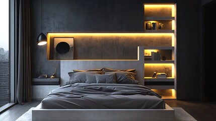 Modern masculine bedroom with bold color palette, LED-lit shelves, and smooth concrete accents