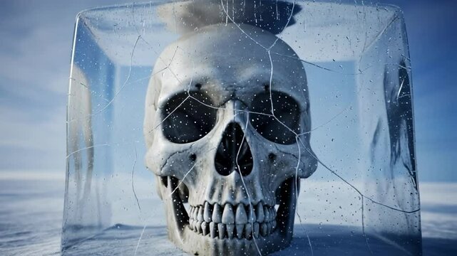 A human skull is frozen inside a cracked block of ice in a desolate arctic landscape, representing an ancient secret, extinction, and a discovery frozen in time