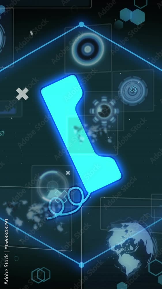 Poster animation of data processing with icons on black background