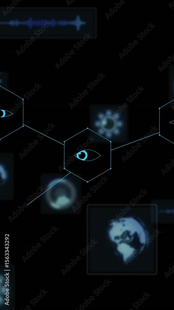 Poster animation of data processing with globes on black background