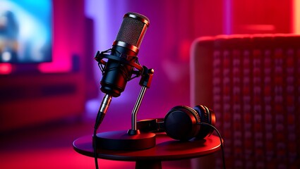 A professional microphone and headphones sit ready for a podcast recording session