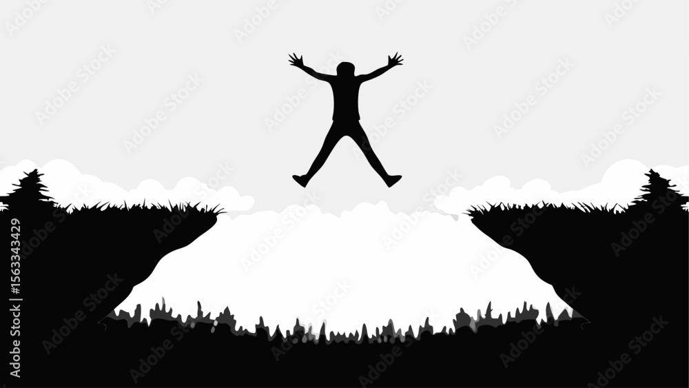 Poster silhouette of person jumping over a chasm with trees and clouds in a black and white landscape view