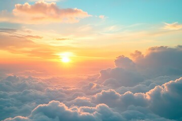 Dreamy sunrise above soft fluffy clouds with vibrant pastel colors in sky, peaceful tranquil atmosphere inspiring new beginnings and hope