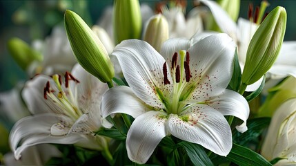 Fototapeta premium White lilies funeral flower arrangement, elegant sympathy bouquet for memorial service or loss tribute background