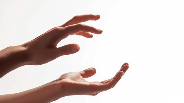 Close up caucasian hands with copy space express and emphasize the charming of arm and finger. Isolated focus of palm hand stretching and showing beautiful gesture perfect for present products. AIG53. - Powered by Adobe