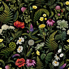 Seamless pattern of wildflowers. Chamomile, buttercup, bindweed, echinacea, yarrow, alfalfa, clover, fern, poppy, dandelion. Background of medicinal plants. Print with meadow flowers