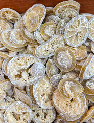 Organic dried candied lemon slices sold at sweets store