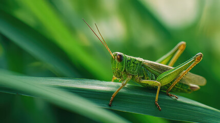 Fototapeta premium Green Grasshopper on Blade of Grass Macro Photography