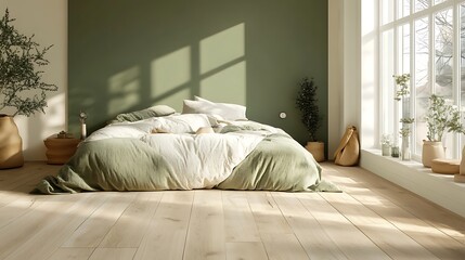 Natural light-filled bedroom with light wooden flooring, a green feature wall, and soft bedding textures