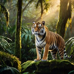 Obraz premium Majestic Bengal Tiger in Verdant Rainforest – Wildlife Conservation and Nature Photography