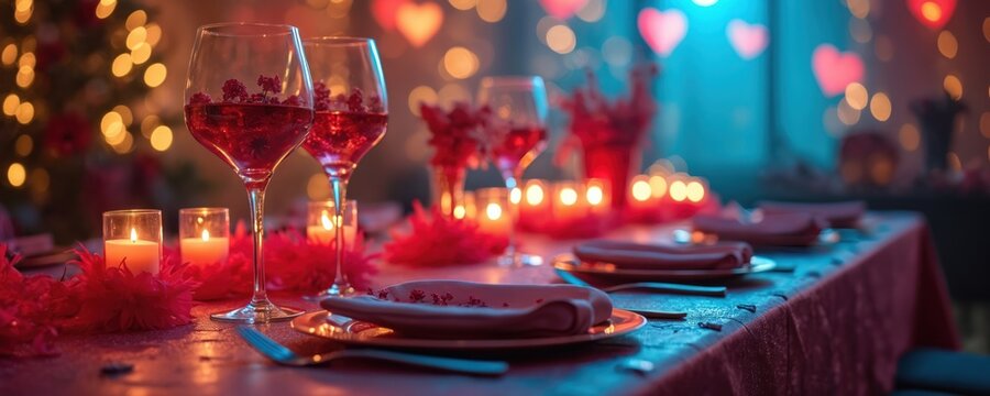 Romantic table setting for Valentine Day celebration. Red wine glasses, candles, decorations create festive mood. Plates with napkins, cutlery, warm cozy lights, bokeh effect. Valentine Day romantic - Powered by Adobe