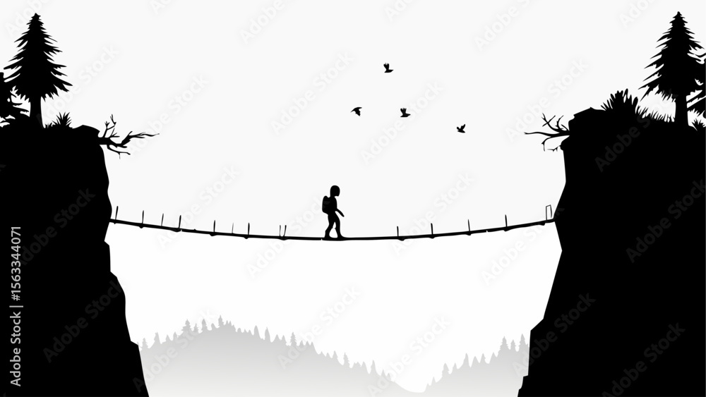 Poster silhouette of a person with a backpack walking on a rope bridge between cliffs under birds in the sk