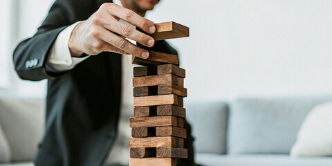 Abstract background. Business leader's hand stacking wooden toys alongside the concept of strategic goal setting and risk management for sustainable success in the future
