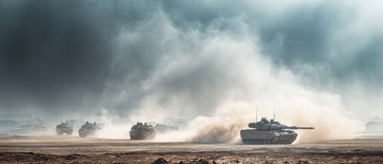Military tanks in action on a dusty field