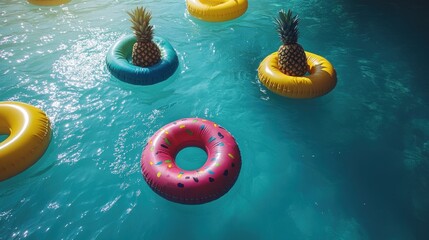 Colorful pool floats with pineapples