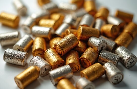 Pile of gold, silver colored thimbles. Close-up shot of metallic sewing thimbles, focus on details. Group of metal finger protector caps, with embossed ornaments. Crafting theme sewing. Handicraft.