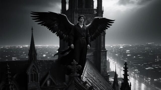 A majestic angel with large black wings stands guard on a gothic rooftop overlooking a modern city, a powerful fantasy concept of a dark protector or watcher