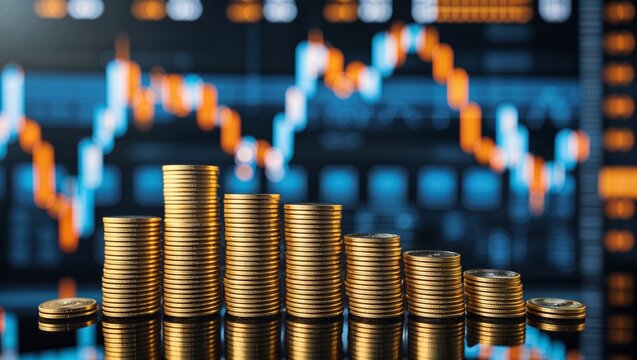 Stacks of shiny gold coins and a stock market chart represent investments and financial growth.