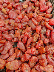 Organic dried candied strawberries sold at a sweets shop