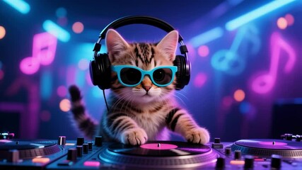 A cool tabby kitten in sunglasses and headphones plays a dj set on turntables in a neon-lit club, a funny and creative concept representing party culture, music, and viral meme humor