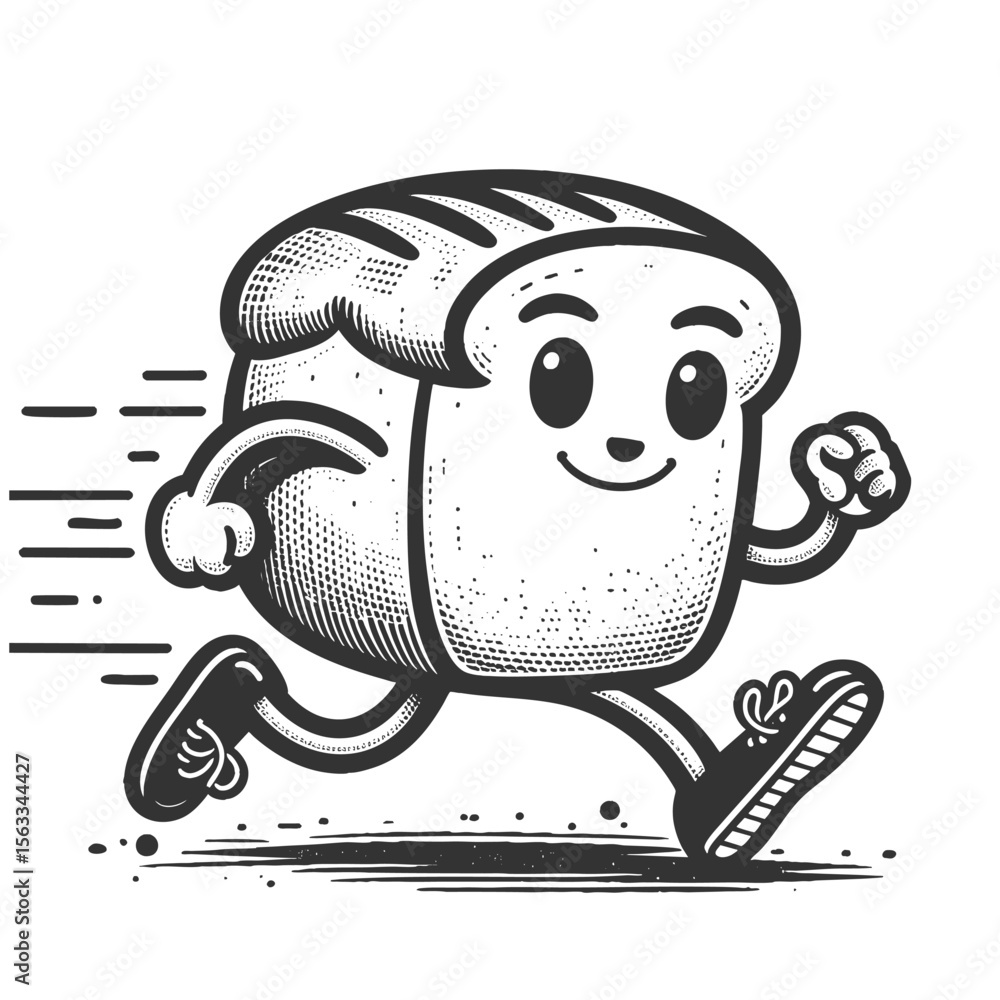 Poster smiling loaf of bread with arms and legs, joyfully running sketch engraving generative ai vector ill