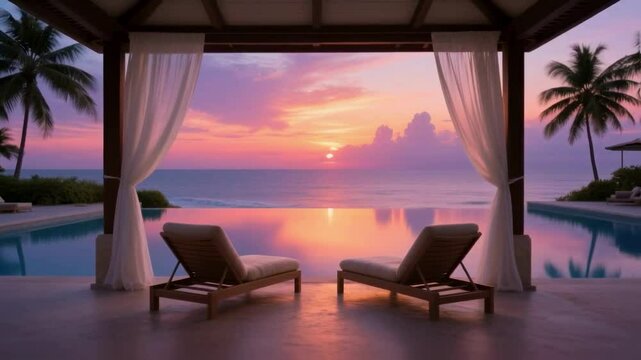 Two lounge chairs sit by a tranquil infinity pool at a luxury resort, facing a spectacular sunset, representing a romantic getaway, wealth, and a dream vacation