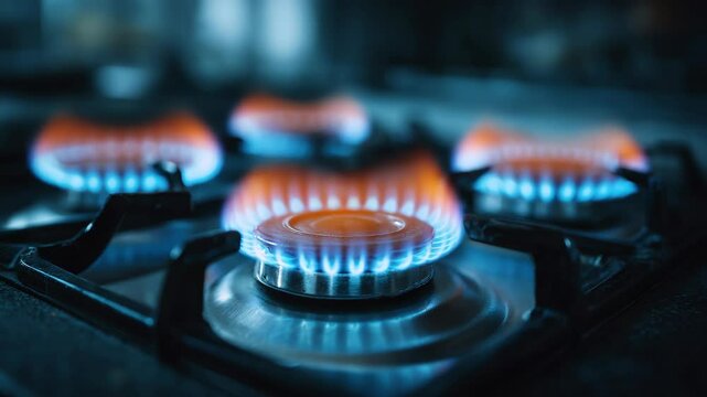 Gas stove burners ignite, providing heat for cooking. Blue and orange flames dance atop the metal surface, ready to prepare a meal.
