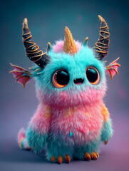 Adorable cute fluffy monster with big eyes and horns, a 3D rendered fantasy creature.