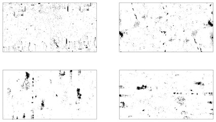 Grunge overlay textures with dust grain isolated on white background. Set of vector paint brush stroke, ink splash and grungy decoration elements for social media. Distressed vintage banner 