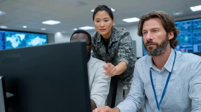 A diverse team of specialists collaborates in a high-tech command center, analyzing data on a screen and representing strategic problem-solving and modern surveillance