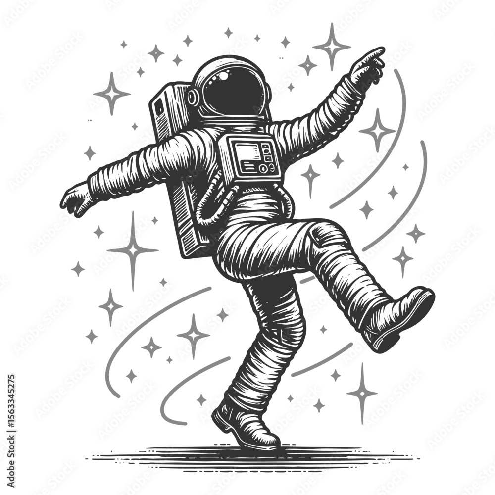 Poster joyful astronaut dancing in space among stars sketch engraving generative ai fictional character vec