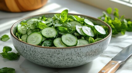Cucumber and Basil Salad in Bowl with Knife