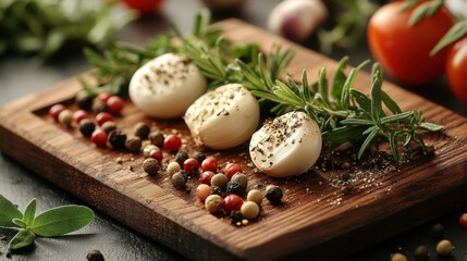 Garlic Bulbs, Rosemary, Peppercorns and Tomatoes on Wooden Board