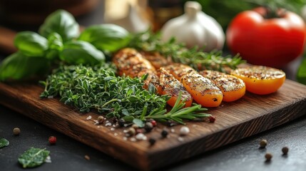 Grilled Yellow Tomato Halves with Herbs on Wooden Board
