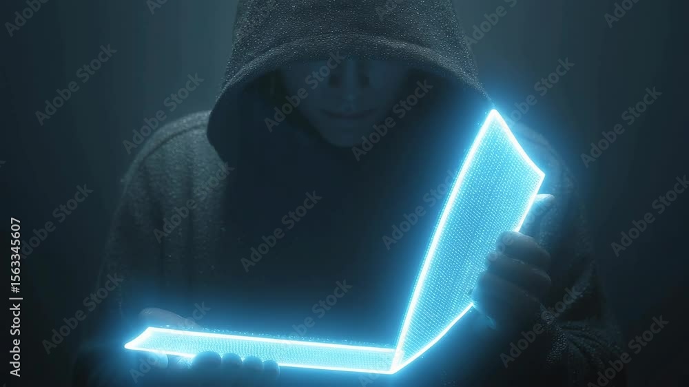 Poster anonymous figure holding a glowing shield representing cybersecurity. mysterious, emphasizing digita