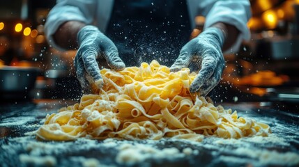 Pasta and Flour Being Tossed by Gloved Hands