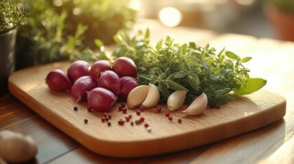 Red Onions, Garlic, Herbs, and Peppercorns on Cutting Board